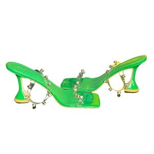Green Clear Two Strap Square Toe Slip On Heels